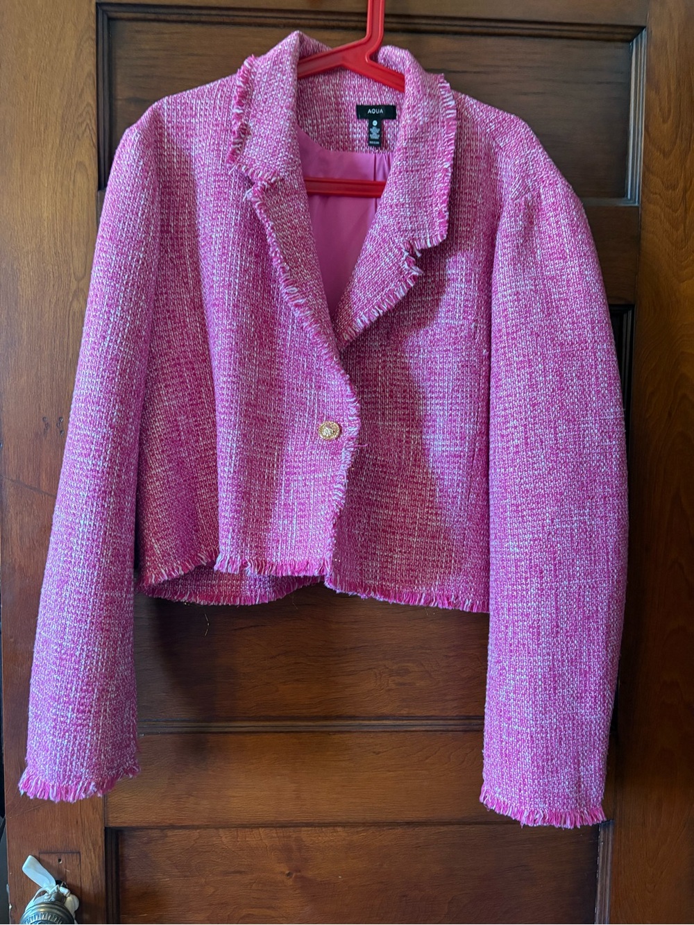 Aqua Pink Tweed Fringed Cropped Blazer Jacket